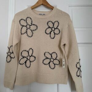 NWT Devoted Cream Crewneck Sweater with Black Floral Stitching